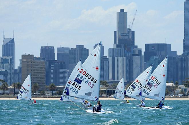 Laser Radial / Fleet action - ISAF Sailing World Cup - Melbourne, St Kilda sailing precinct, Victoria Port Phillip Bay Thursday 10 Dec 2015 © Jeff Crow/ Sport the Library http://www.sportlibrary.com.au